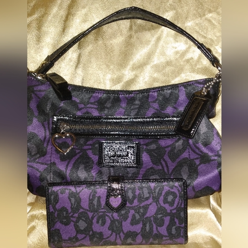 Coach purple leopard purse+matching wallet